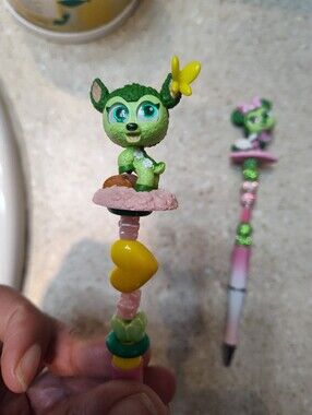 Green  Bambi Deer Figurine  And Minnie Mouse Beaded Pen Yellow Butterfly Accent